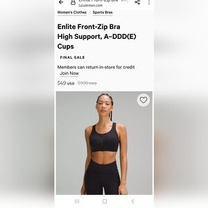 Lululemon Enlite Front Zip Bra 36D